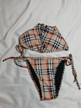 Burberry Beige Plaid Bikini Top with Black and Red Accents